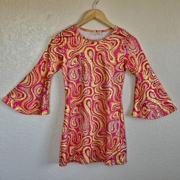 Retro 70s-Inspired Bell Sleeve Dress Swirl Print Pink/Orange/Yellow Besser Bay - Picture 1 of 8
